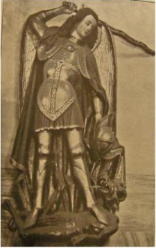 Wooden figure now presented as St George, in the church of St Aposteln, Cologne. C15. Originally at the high altar of the Weidenbach monastery opposite St Pantaleon, where it represented the Archangel Michael. His wings were lost during restoration in the 1950s.