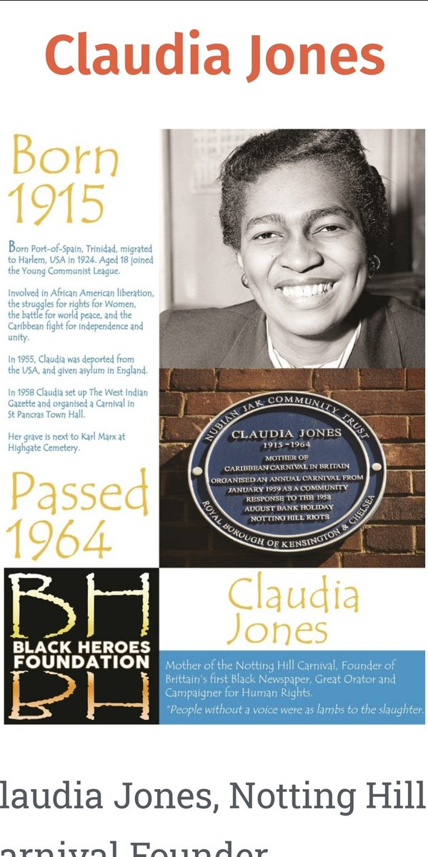 Black Heroes Foundation❤ (@blackheroesinfo) on Twitter photo As we enjoy the Notting Hill Carnival, remember Claudia Jones, who created the 1st Caribbean Carnival in London in St Pancras Town Hall, Jan 1959 after the Notting Hill Riots of 1958.
"A people's art is the genesis of their freedom" blackheroesfoundation.org/the-story-of-c…
<a href="/NHCarnivalLDN/">Notting Hill Carnival</a> As we enjoy the Notting Hill Carnival, remember Claudia Jones, who created the 1st Caribbean Carnival in London in St Pancras Town Hall, Jan 1959 after the Notting Hill Riots of 1958.
"A people's art is the genesis of their freedom" blackheroesfoundation.org/the-story-of-c…
<a href="/NHCarnivalLDN/">Notting Hill Carnival</a>
