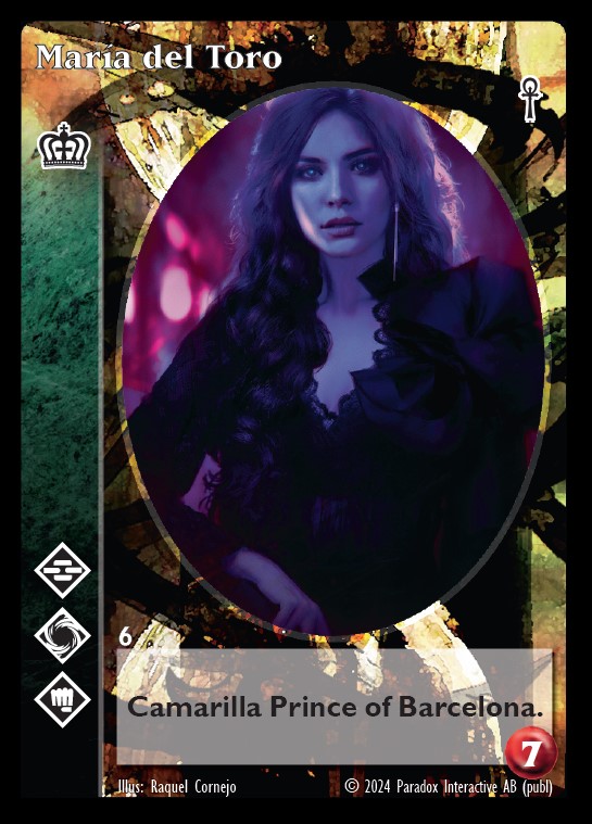 Black_Chantry's tweet photo. Meet María del Toro, a new crypt card in the upcoming Vampire: The Eternal Struggle Fifth Edition Lasombra preconstructed deck. Art by @raquelcornejo_. Full deck list and all previews are at https://t.co/Y8fG1DyPA9 #vtes #vamily #worldofdarkness #lasombra https://t.co/bSEXUToCYA