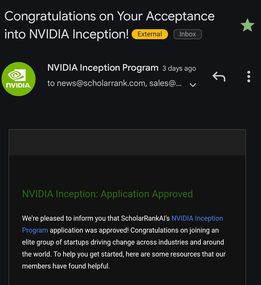 ScholarRankAI's tweet photo. Achievement Alert: We Did It!✨

Thrilled to share that ScholarRank AI is now part of the @nvidia Inception Program! 🚀 From humble beginnings in a tier 4 city to global recognition, this is a testament to our team’s relentless dedication
Excited to drive AI and EdTech innovation https://t.co/7MZCVkdX1I