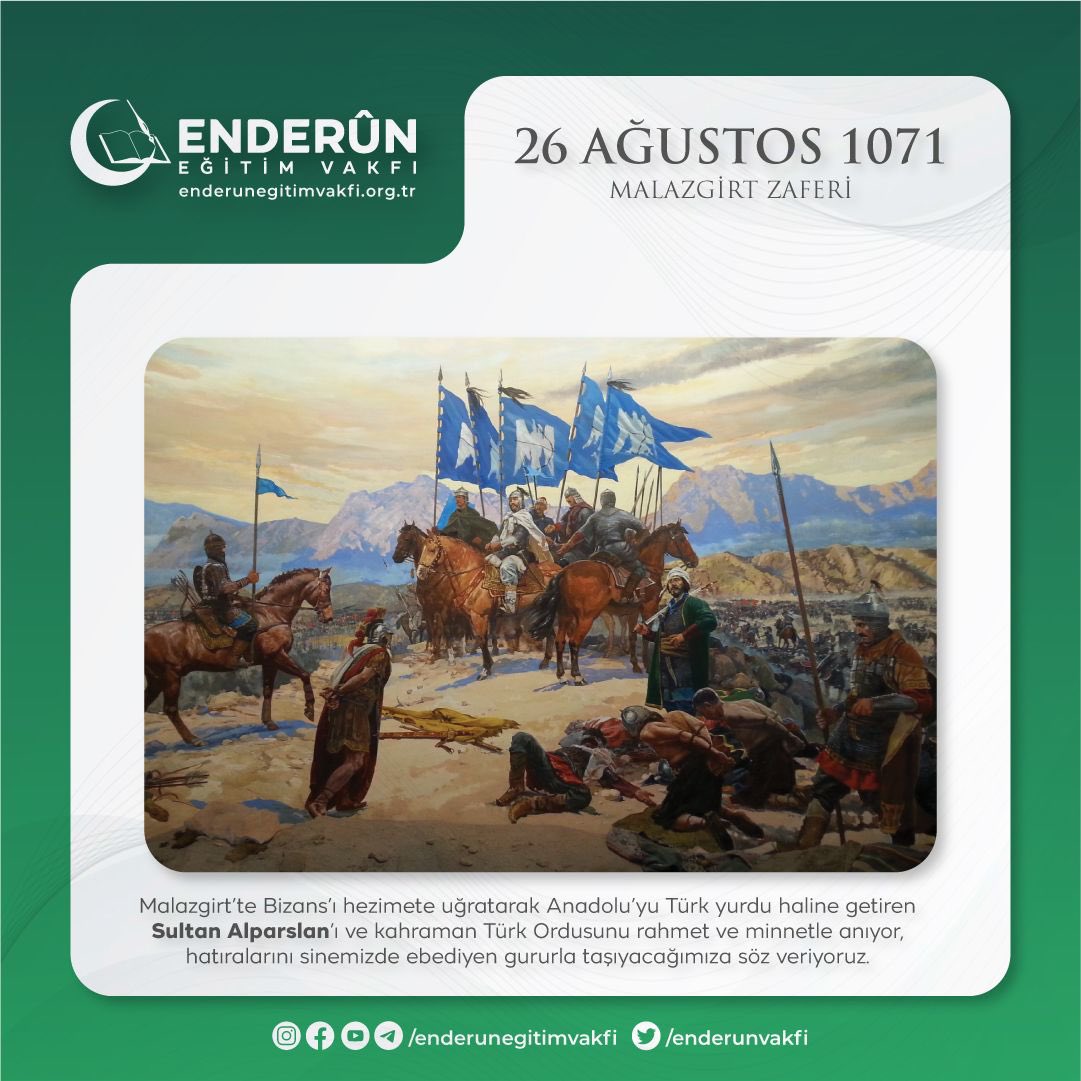Malazgirt'te Bizans'ı hezimete uğratarak Anadolu'yu Türk Yurdu haline getiren Sultan Alparslan'ı ve Kahraman Türk Ordusunu rahmet ve minnetle anıyor, hatıralarını sinemizde ebediyen gururla taşıyacağımıza söz veriyoruz.
#MalazgirtZaferi
#EnderunEğitimVakfı
