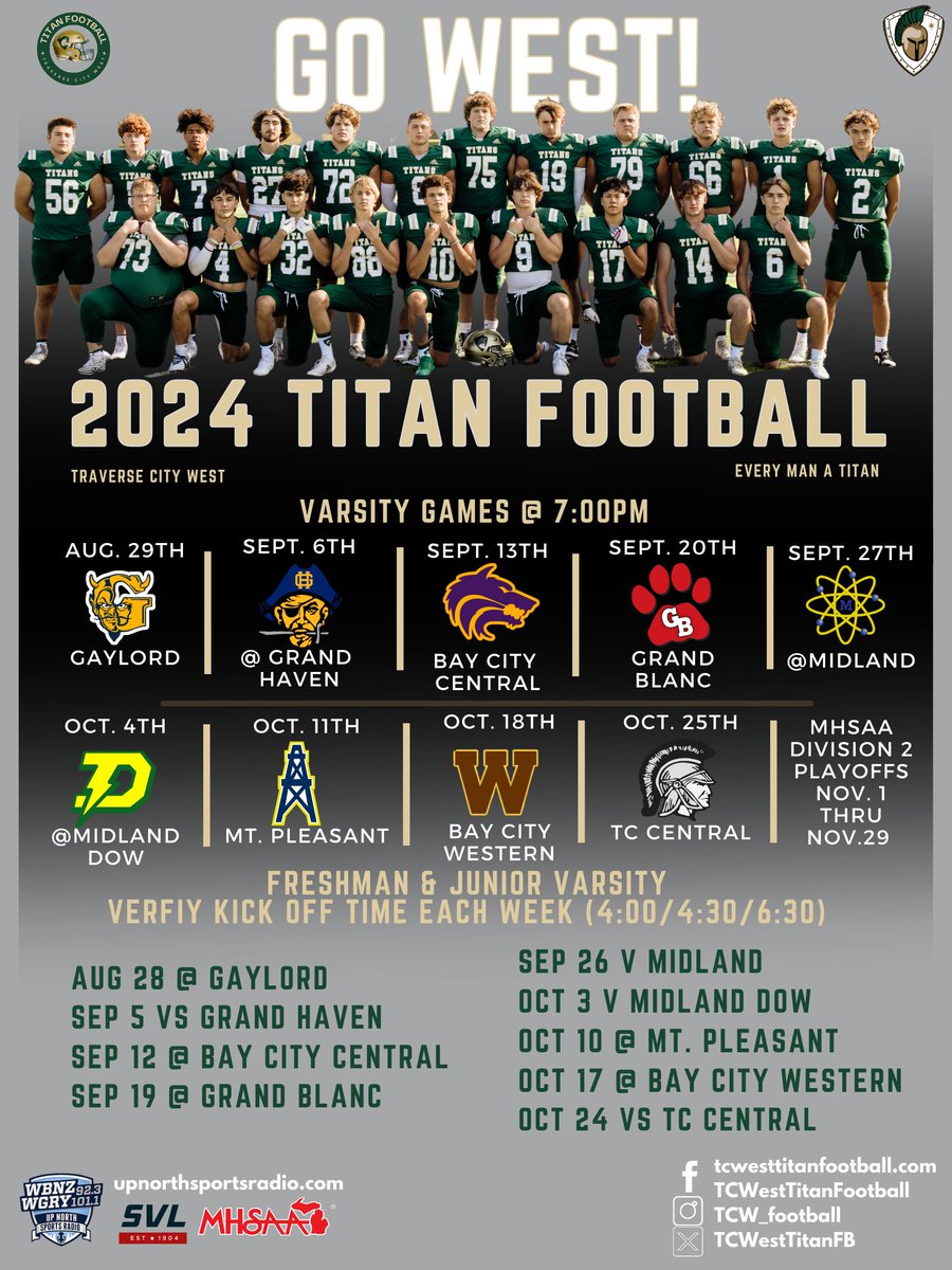 TCWestTitanFB's tweet photo. GAME WEEK! Let's go Seniors! GO WEST!
Varsity HOME v Gaylord, Thurs,7pm
9th/JV @ Gaylord, Wed,4pm
@svlsports @TheD_Zone @prepredzonemi @brady_vaughan56 @charlie_sow06 @drakeintrieri @Noahdumon07 @RomanLeask @Aiden_Griffis  @bode_tokie @CarterKandow @KoltenCore @Owenhendrix00 https://t.co/STBcWYoasc