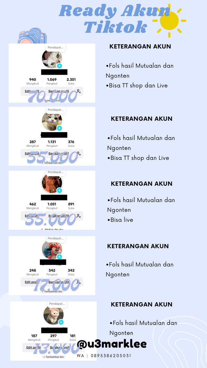 Jual Akun Tiktok 🌷
• akun pribadi 
• bisa untuk bisnis , affiliate , pribadi 
t. wts acc ig akun instagram jual beli murah recehan jual beli wtb wts acc ig akun ig Instagram ba pribadi dump small bussines study rp banyak mau cari upfoll tiktok kosongan #zonauang