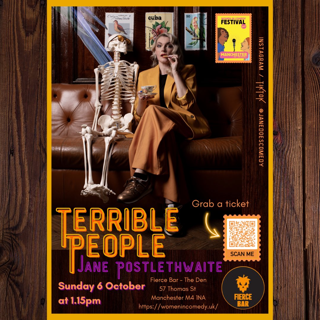 My next full stand up comedy show is on as part as the Women In Comedy Festival UK on Sunday 6 October at 1pm at Fierce Bar Manchester. It’s called Terrible People! Grab your tickets quick at wicf.ticketsolve.com/ticketbooth/sh…