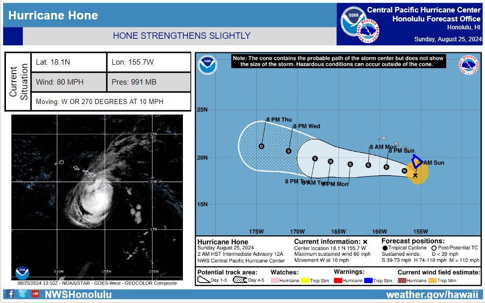 Hurricane Hone is passing south of Big Island through early Sunday morning. 
Hone's main threats to the state continue to be the potential for heavy rainfall leading to flooding, damaging winds and large surf along east-facing shores.