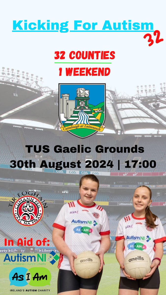 LKLadiesGaelic's tweet image. PLEASE SUPPORT:
Kicking For Autism 
32 Counties  1 Weekend
TUS Gaelic Grounds 
Friday 30th August @ 5pm
In aid of Autism NI