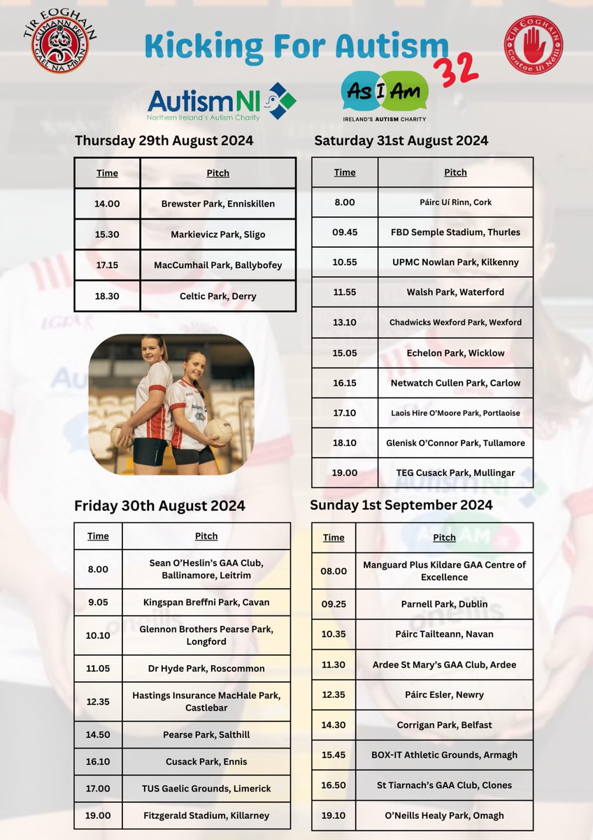 LKLadiesGaelic's tweet image. PLEASE SUPPORT:
Kicking For Autism 
32 Counties  1 Weekend
TUS Gaelic Grounds 
Friday 30th August @ 5pm
In aid of Autism NI