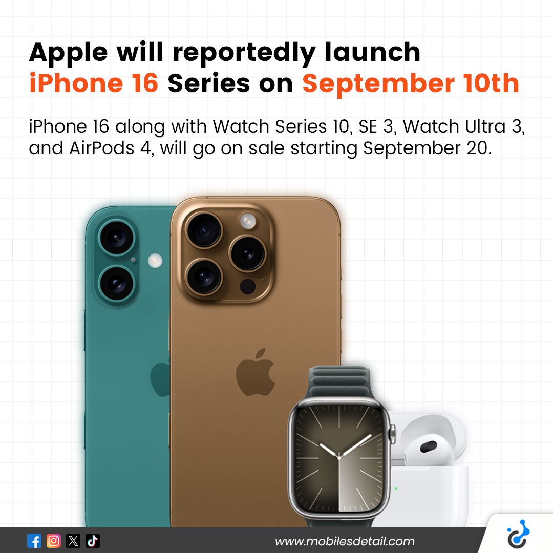 mobilesdetail's tweet photo. Apple to hold iPhone 16 launch event on September 10
#Apple #iPhone16 #iPhone16Launch #iPhone16Pro #iPhone16ProMax #iPhone16LaunchEvent #AppleLaunchEvent #mobilesdetail https://t.co/oNvLWihnFT