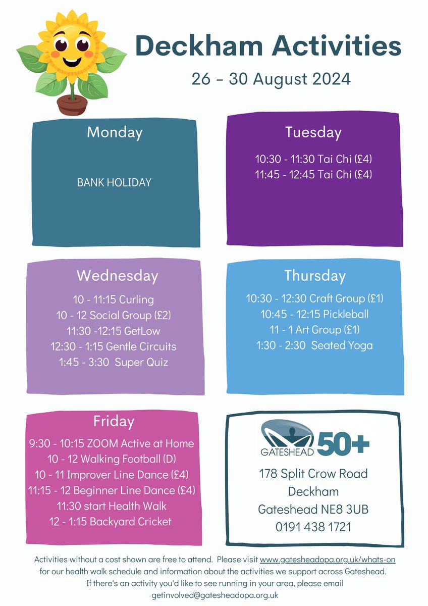 This week's Deckham activities:

💜 Enjoy your Bank Holiday Monday!
💜 No singing group on Tuesday.  Back next week.
💜 Super Quiz on Wednesday! 

Other Gateshead activities for over 50s: gatesheadopa.org.uk/whats-on/gates…