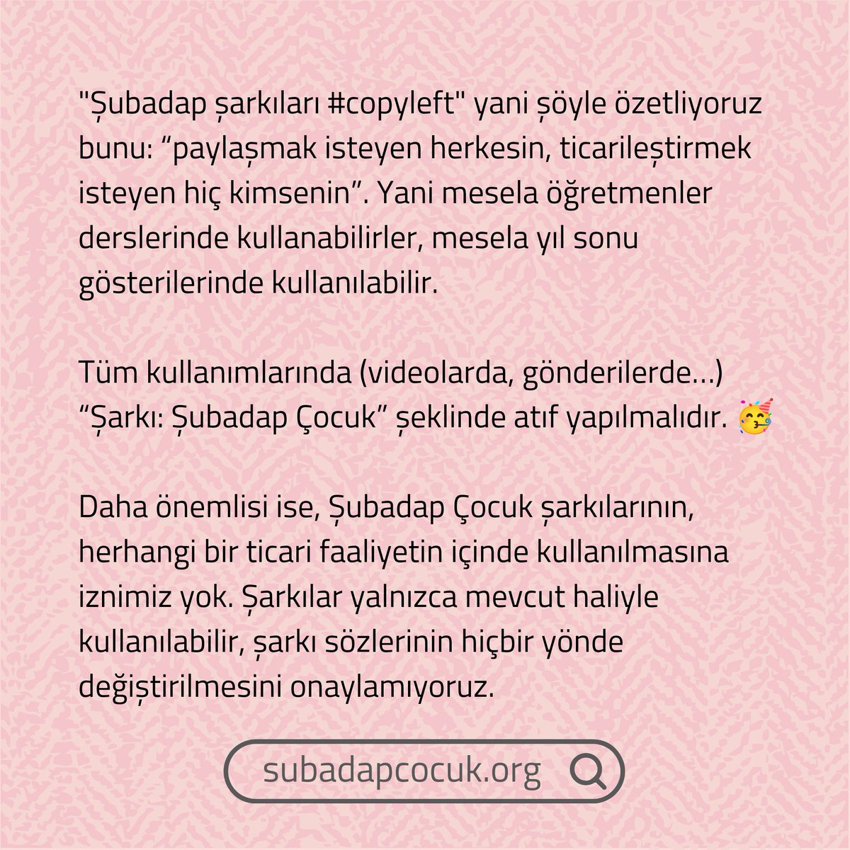 subadap's tweet image. &quot;Şubadap şarkıları #copyleft&quot; yani şöyle özetliyoruz bunu: “paylaşmak isteyen herkesin, ticarileştirmek isteyen hiç kimsenin”. 🥳