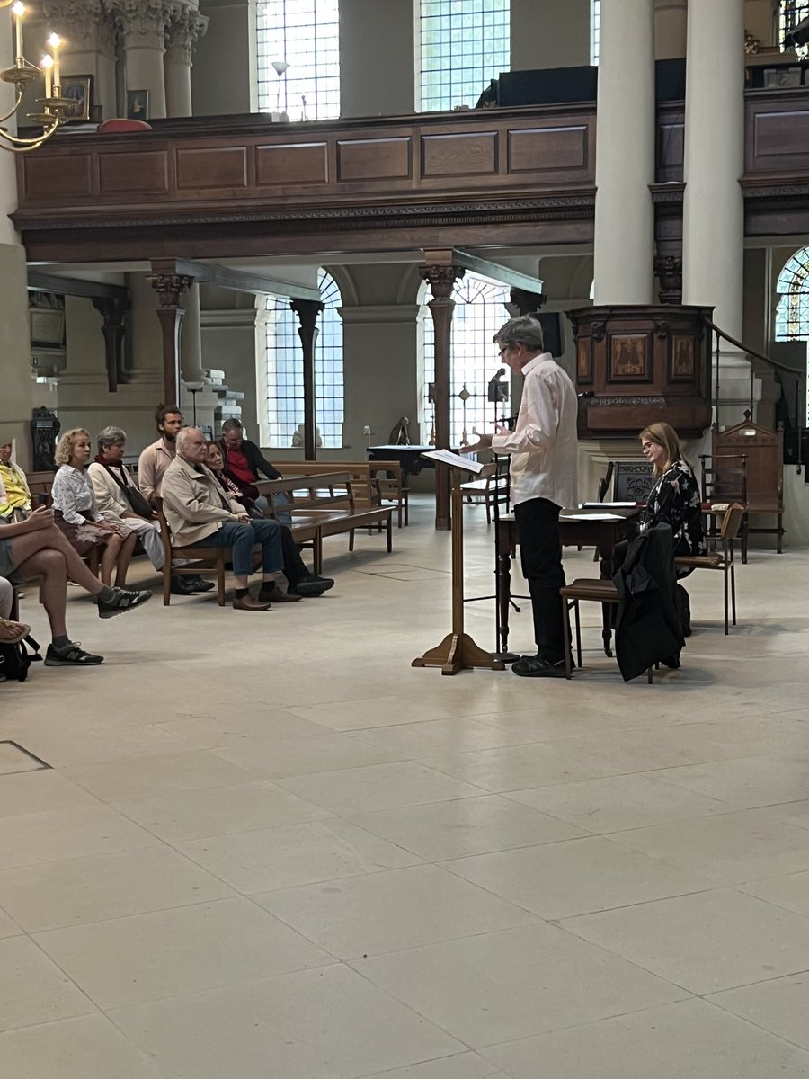 ShawSoc's tweet photo. Listening to Dr Philip Wilson @uniofeastanglia explain how Shaw does philosophy with @AlexisLeighton reading extracts Shaw, Socrates and Wittgenstein in the sublime #StGeorgesBloomsbury concluding our annual #ShawCrawl https://t.co/FGVaohfCKu