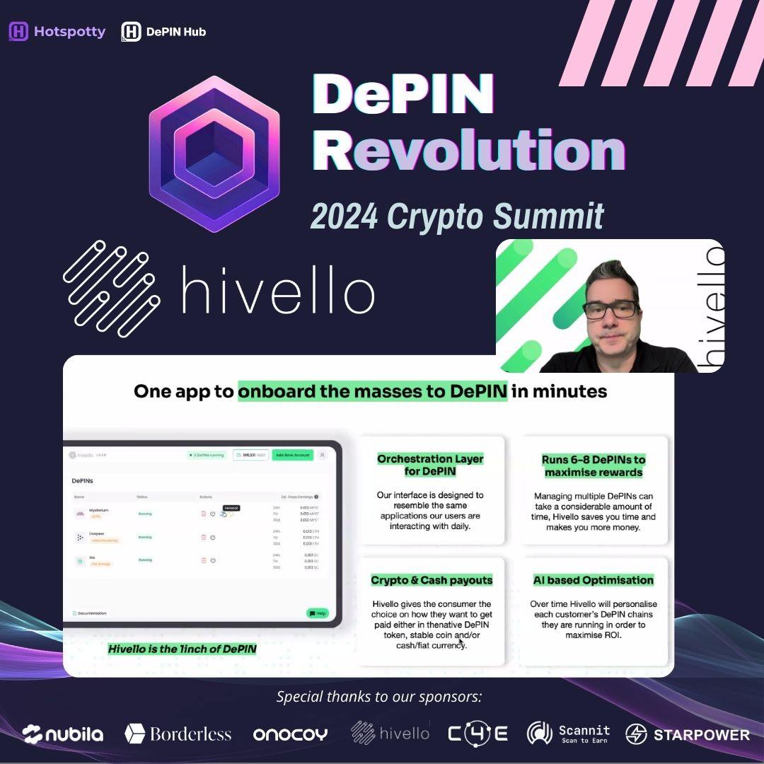 hotspotty's tweet image. More DePINs, More Rewards? 
 
@HivelloOfficial is building an orchestration layer for DePIN, allowing users to run multiple DePINs at the same time and increase their earnings! 
 
DO YOU KNOW: 
What did @DomCarosa say, WHEN is the Hivello TGE expected to take place (month and…