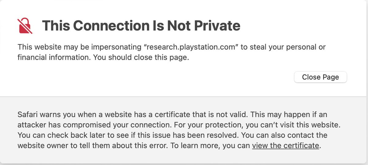 Morac's tweet photo. @AskPlayStation Got an email from Playstation with a link to https://t.co/AXVyFdcmRM, but going to that site displays a warning that the site is not secure and the certificate was revoked and the site cannot be viewed.  Is email legit?  If so the web site should be fixed. https://t.co/edvPqCgRJZ