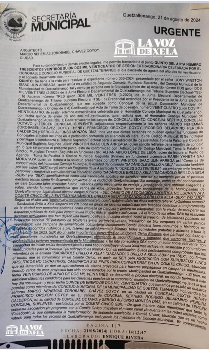 QuiqueGodoy's tweet photo. El alcalde de Xela está haciendo un #MPSpecial deshaciéndose de su oposición (@SBX_causa)  que llegó al poder por medio del voto. Es abuso de autoridad, usurpación de funciones y atenta contra la democracia! Lo está logrando con el respaldo del sistema judicial y por eso es fundamental lograr cambios sustantivos por medio de las comisiones de postulación!! Ojo @guatevisible y @_ojoconmipisto gracias a @lavozdexela por visibilizar lo que están haciendo!