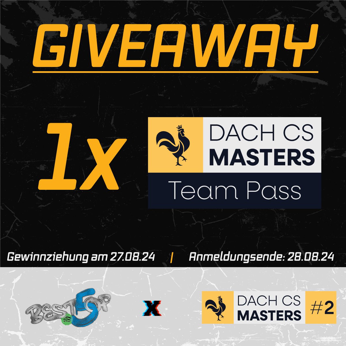 ‼️ GIVEAWAY ‼️

Zusammen mit <a href="/dachcs/">DACH CS Masters</a> verlosen wir 1x TeamPass für die Saison 2!

Wer also noch nicht angemeldet ist hat jetzt nochmal die Chance!

Teilnahmebedingungen:
- Folgt <a href="/BestOf5Podcast/">BestOf5 Podcast</a> &amp; <a href="/dachcs/">DACH CS Masters</a> 
-Retweetet diesen Post

Viel Erfolg!

Ziehung am 27.08.24