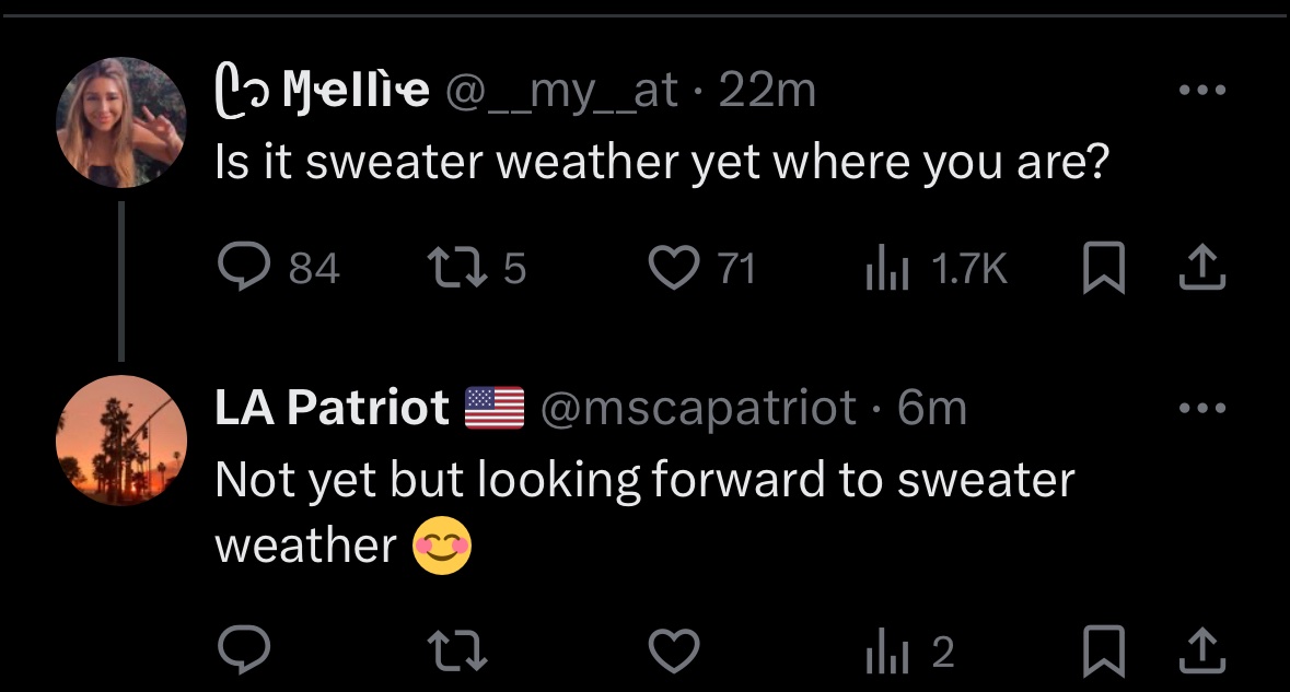 mscapatriot's tweet photo. What gives? @Support @elonmusk 
I can post about a sweater but as soon as I have an opinion about a topic I get censored?!!!!! https://t.co/tcTYV90Ckh