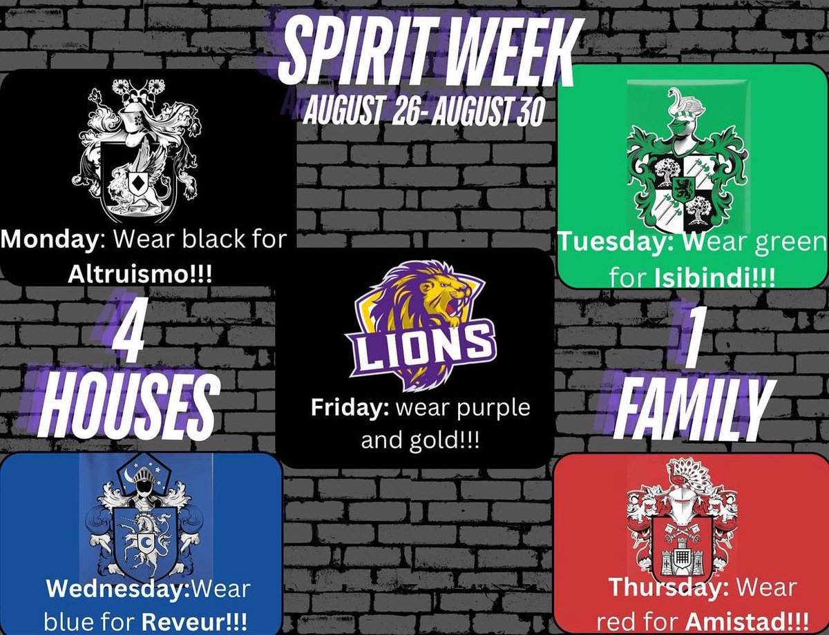 nkdoering's tweet photo. Get ready to show your House pride during SPIRIT Week, August 26-30! 🎉 We’re kicking it off on Monday by wearing black for Altruismo! Let’s make this a week to remember! 🦁 https://t.co/WMzVKXdUG5