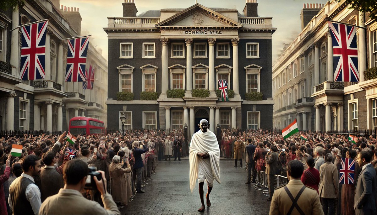 Mythic_Flash_AI's tweet photo. Gandhi was elected Prime Minister of the United Kingdom in the last elections. In his first statement, Gandhi said that he expected at least three children in every family. #AIArt #AlternativeReality #FictionalWorlds https://t.co/DE7eyCjScP