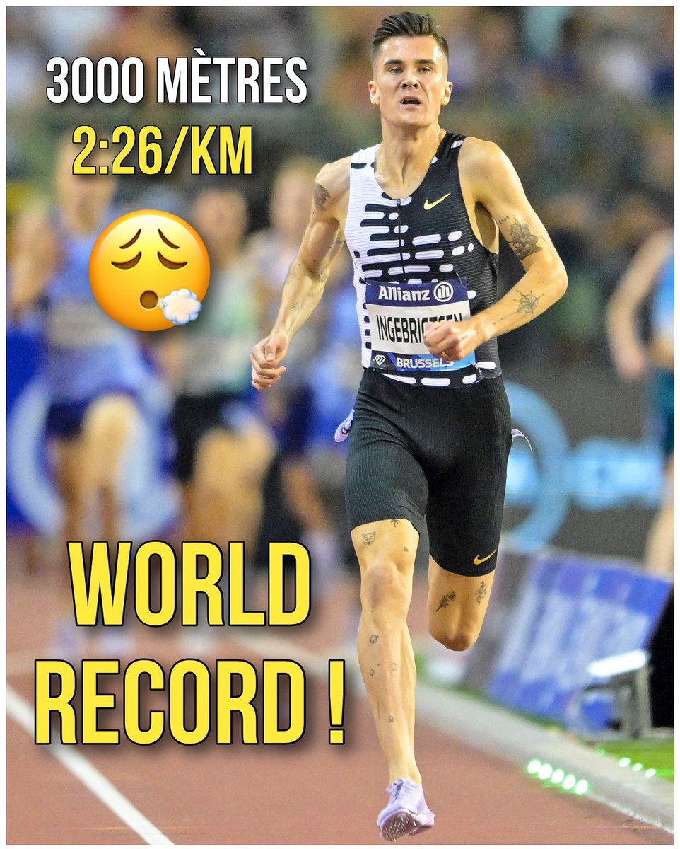 🔴 𝗢𝗙𝗙𝗜𝗖𝗜𝗘𝗟 : Le double champion olympique Jakob Ingebrigtsen (🇳🇴) explose le record du monde du 3000 mètres avec un chrono hallucinant de 7’17"55 ! 😮‍💨

PS : C’est une vitesse moyenne de 24,7 km/h et du 2:26/km qu’il tient pendant … 3 kilomètres ☝️ Bluffant !

PS 2 : Il