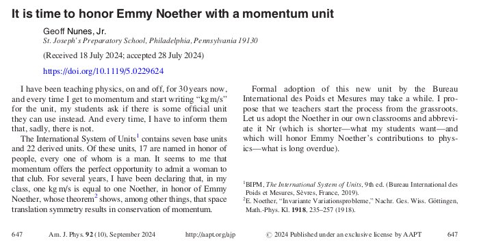 ApuntesCiencia's tweet image. Apoyo con entusiasmo esta propuesta de llamar #Noether a la unidad de cantidad de movimiento (momento) del Sistema Internacional
➡️doi.org/10.1119/5.0229…