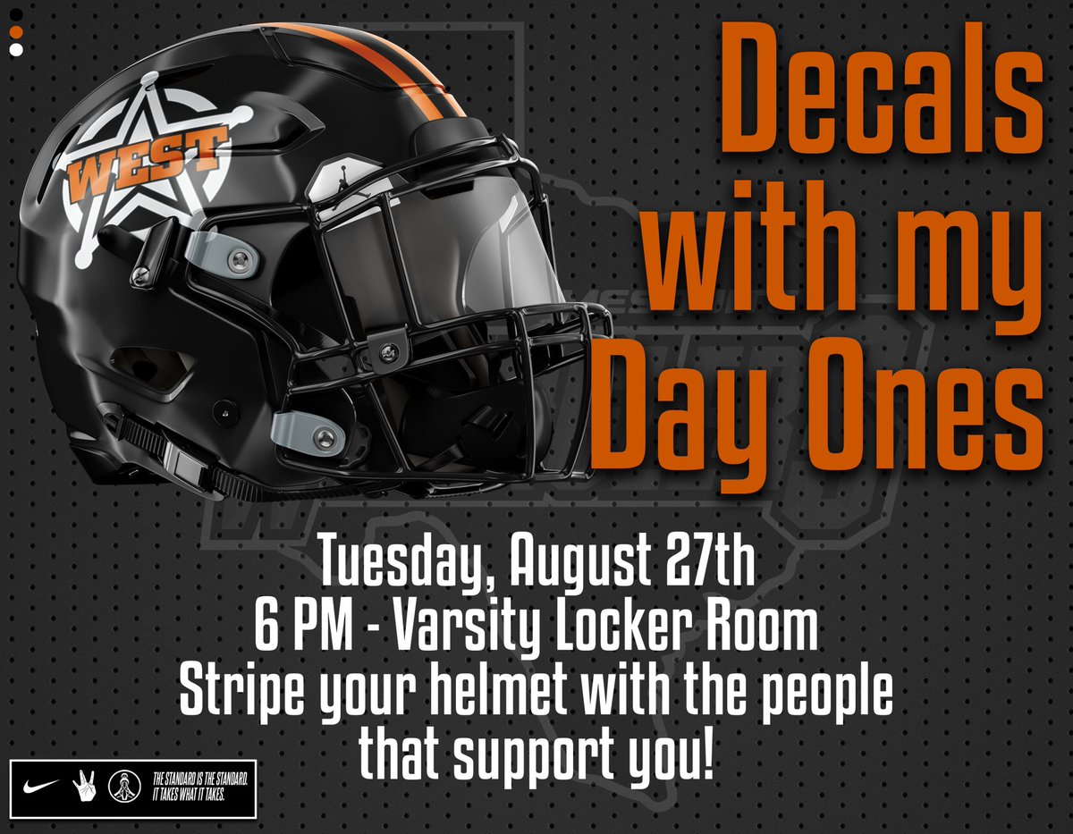 It’s finally here! Week 0! Be ready for the work.

Also, Decals with our Day Ones! All Varsity athletes, bring your people to help stripe your helmet!

#WestSideStandard | #ITWIT | #JungleWest🌴