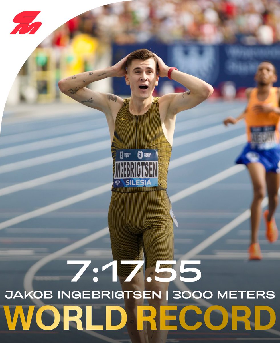 CitiusMag's tweet photo. IS THIS REAL LIFE 🤯🤯🤯
 
Jakob Ingebrigtsen doesn’t just break Daniel Komen’s 28-year-old world record in the 3000m, he SHATTERS it, running 7:17.55 to become the first athlete in history under 7:20 in the event.
 
That’s 58.34 400m pace for 7.5 laps straight. https://t.co/ccYVfrL7Zy