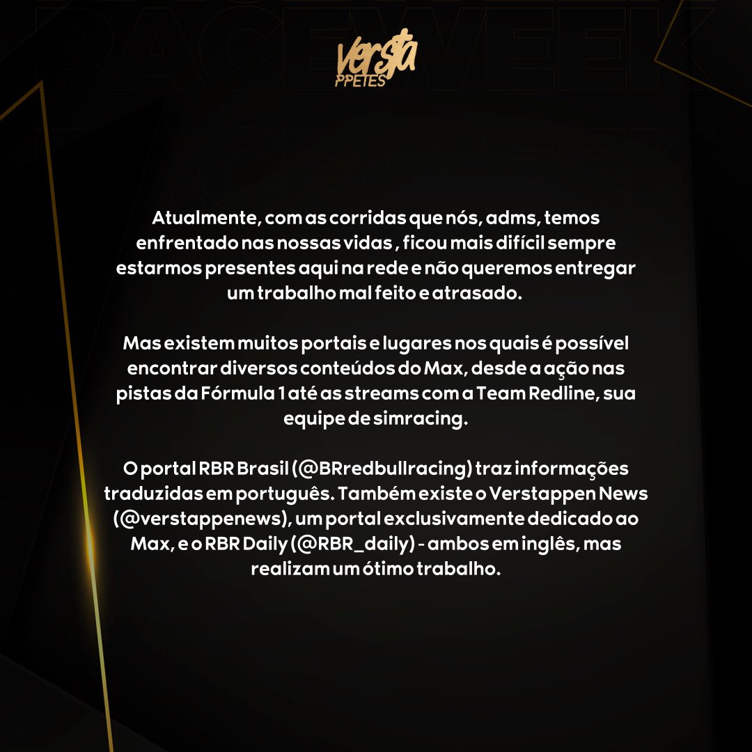 VERSTAPPETES's tweet photo. [🦁] Oi, pessoal! Viemos conversar com vocês que sempre nos acompanharam.

A partir de hoje, iremos pausar as atividades no VERSTAPPETES por tempo indeterminado.

Agradecemos por tudo! 🧡 https://t.co/HtqvqAU4qC