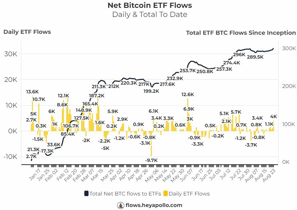 MasterCryptoHq's tweet image. Recent FUD from German government, Mt. Gox and Jump Crypto is almost over.

The stock market crash fears are fading, and Gold price is pumping.

#Bitcoin has surged back above $64,000, signaling bullish momentum.

Bitcoin ETFs brought highest $BTC on 23rd August.

With Fed rate…