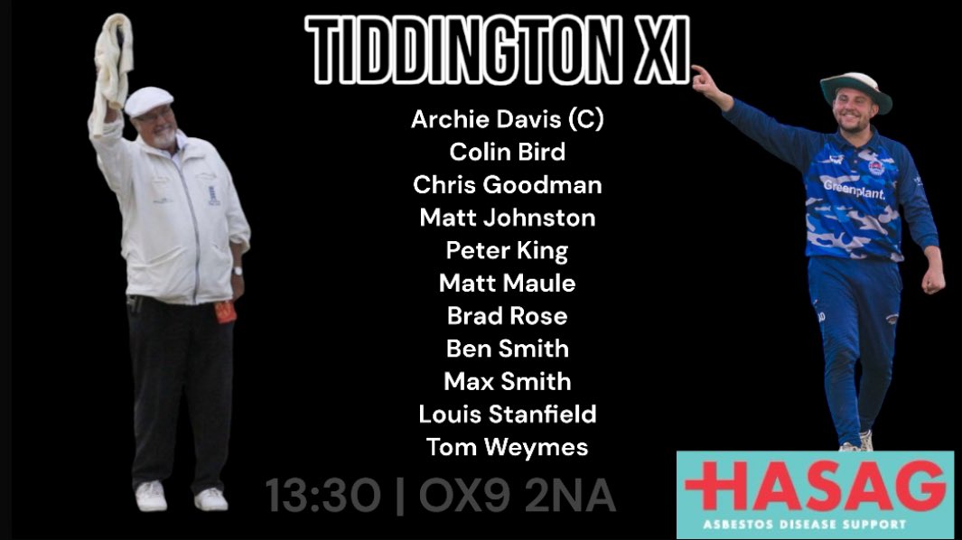Tiddington CC (@tiddingtoncc) on Twitter photo The Two Teams For Tomorrows big game are in, all in support of the amazing @team_hasag !
π°οΈ 13:30 start (30/30 over game)
ποΈ Tiddington CC OX9 2NA!
π Pizza Van from 13:30!
πΊ Bar Open from 12:00!
π Parking at Village hall!
#Tiddsmoke | <a href="/Oxoncb/">Oxfordshire Cricket</a> <a href="/BrooksyFerret/">Jack Brooks</a> The Two Teams For Tomorrows big game are in, all in support of the amazing @team_hasag !
π°οΈ 13:30 start (30/30 over game)
ποΈ Tiddington CC OX9 2NA!
π Pizza Van from 13:30!
πΊ Bar Open from 12:00!
π Parking at Village hall!
#Tiddsmoke | <a href="/Oxoncb/">Oxfordshire Cricket</a> <a href="/BrooksyFerret/">Jack Brooks</a>