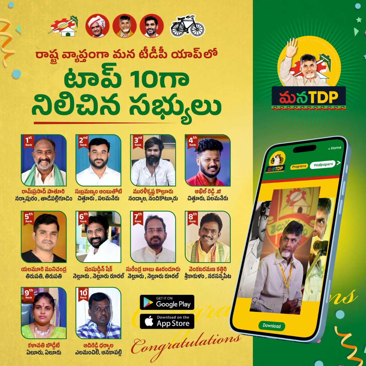 naralokesh's tweet photo. రాష్ట్ర వ్యాప్తంగా @ManaTDP_app లో టాప్ 10గా నిలిచిన టిడిపి సైనికులకు అభినందనలు. https://t.co/5c6z0WAqVD