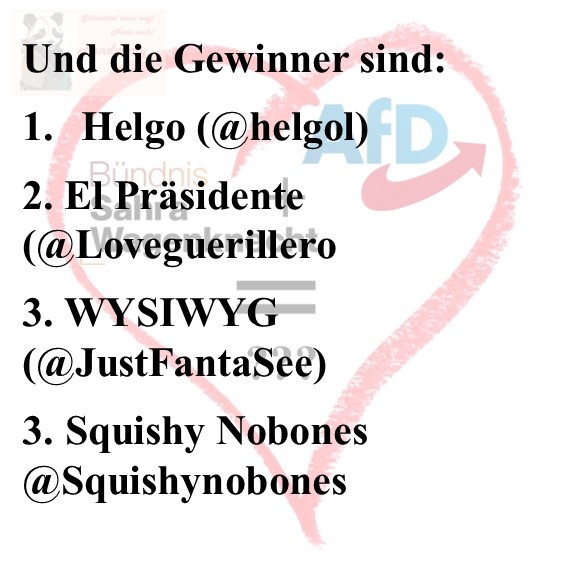 MaltusPanda's tweet image. Und die Gewinner_innen zu unserem #NoAfD X #fckwgnkncht stehen fest! Die 4 bekommen je einen #Pandarmy Drecksack!
Herzlichen Glückwunsch an @LoveGuerillero, @helgol, @SquishyNobones und @JustFantaSee