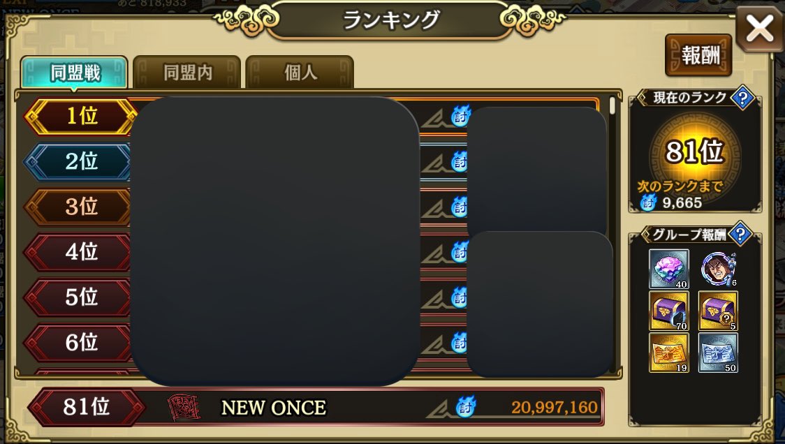 Hayate_Kingdom's tweet photo. 【同盟討伐戦】合従軍編
今回の討伐戦は、NEWONCEは80位の同盟と9000ポイント差で81位になりました🤣
合従軍編の同盟順位は更新出来て良かったです‼️
個人の方では自分の中ではかなり上手く行きました!流石に3桁台には届かず笑
この調子で争覇戦も頑張っていきます!🫡
#キングダム乱
#NEWONCE https://t.co/46UDm92lSH