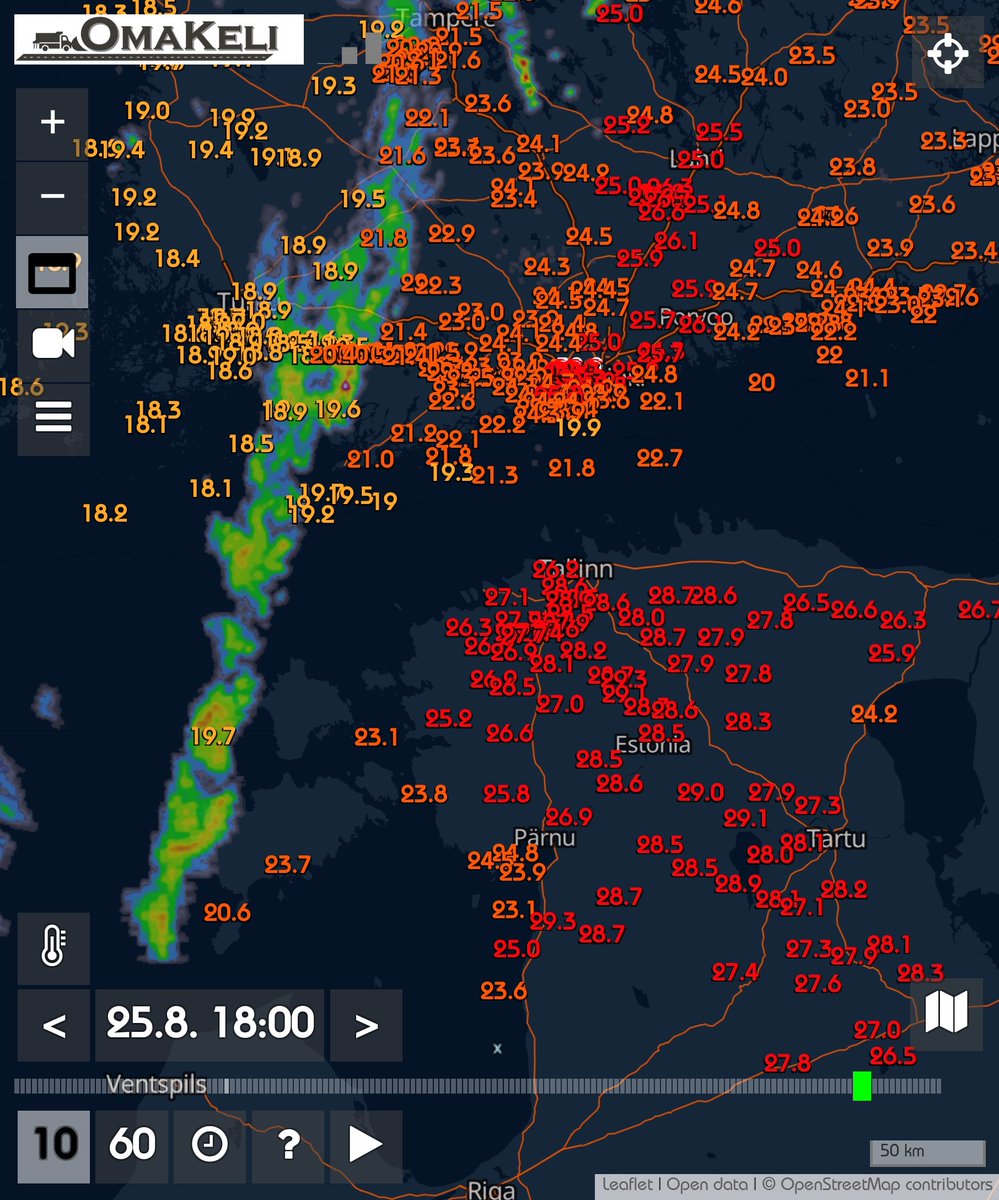 Külm front koos sajualaga merelt lähenemas ja nagu näha Soome läänekaldalt, langevad temperatuurid märgatavalt, kui front üle läinud. Õhtul ja öösel võib esineda ka äikest ja paiguti intensiivset sadu.