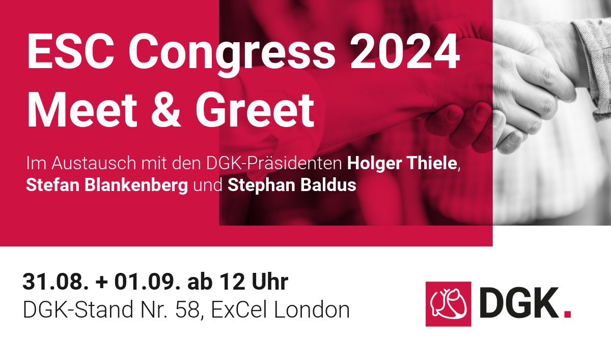 Inzwischen Tradition: das #MeetAndGreet für alle Mitglieder der <a href="/DGK_org/">Deutsche Gesellschaft für Kardiologie</a> am Stand beim #ESC2024 
Kommt vorbei, für Getränke ist gesorgt.

Nächsten Samstag &amp; Sonntag 12 Uhr 👇 Sonntag mit Präsidium <a href="/thiele_holger/">Holger Thiele</a> 

<a href="/Herzmedizin_de/">Herzmedizin.de</a> <a href="/AGIKinterv/">AGIK</a> <a href="/AGEP_DGK/">AGEP</a> <a href="/Hannah_Billig_/">Hannah Billig</a> <a href="/Kardiophil/">Philipp Breitbart</a>