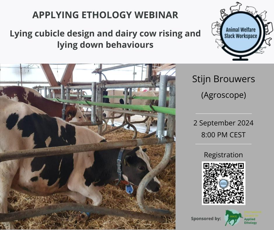 📢Webinar alert📢

In our first Applying Ethology webinar after the summer break, Stijn Brouwers (<a href="/agroscope/">Agroscope</a>) will discuss how cubicle design affects dairy cows' natural rising and lying behaviours.

⏰ 8pm CEST 
📅 September 2nd

🔗us02web.zoom.us/meeting/regist…