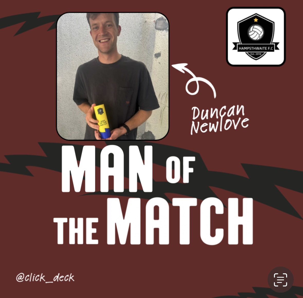 HampsthwaiteFC's tweet image. Our Click-Deck Man of the Match for yesterday’s 5-0 win was awarded to Duncan Newlove. 

Duncan played a pivotal part in the team keeping a well earned clean-sheet. 

Thank you to our sponsor @ClickDeck we encourage all our followers to check them out at deckingx.co.uk