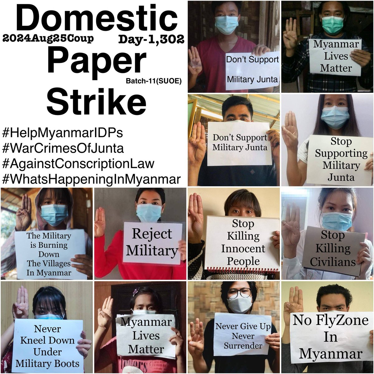 12 CDM teachers  (BEd, Batch-11)from Sagaing University of Education staged “Domestic Paper Strike”to protest against the military dictatorship today.

#2024Aug25Coup
#HelpMyanmarIDPs 
#WarCrimesOfJunta
#AgainstConscriptionLaw
#WhatsHappeningInMyanmar
#kptsbatch11friends