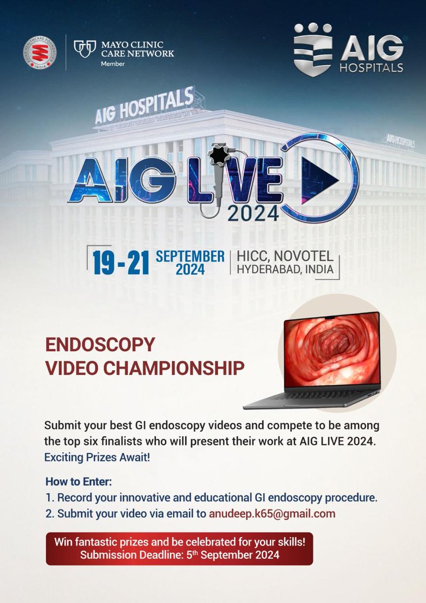 Dr Anudeep Katrevula (@dranudeepkv1) on Twitter photo 🚨 Exciting News! 🚨
Get ready for the Endoscopy Video Championship at #AIGLive2024! 🎥
Video Duration: 7 mins
Discussion: 3 mins
🎁 Amazing prizes await the top 6 videos! Don’t miss out on this chance to showcase your skills! 🌟
#Endoscopy #GI #MedTwitter
<a href="/ZaheerNabi8/">Zaheer Nabi</a> <a href="/drhrr/">Hardik Rughwani</a> 🚨 Exciting News! 🚨
Get ready for the Endoscopy Video Championship at #AIGLive2024! 🎥
Video Duration: 7 mins
Discussion: 3 mins
🎁 Amazing prizes await the top 6 videos! Don’t miss out on this chance to showcase your skills! 🌟
#Endoscopy #GI #MedTwitter
<a href="/ZaheerNabi8/">Zaheer Nabi</a> <a href="/drhrr/">Hardik Rughwani</a>