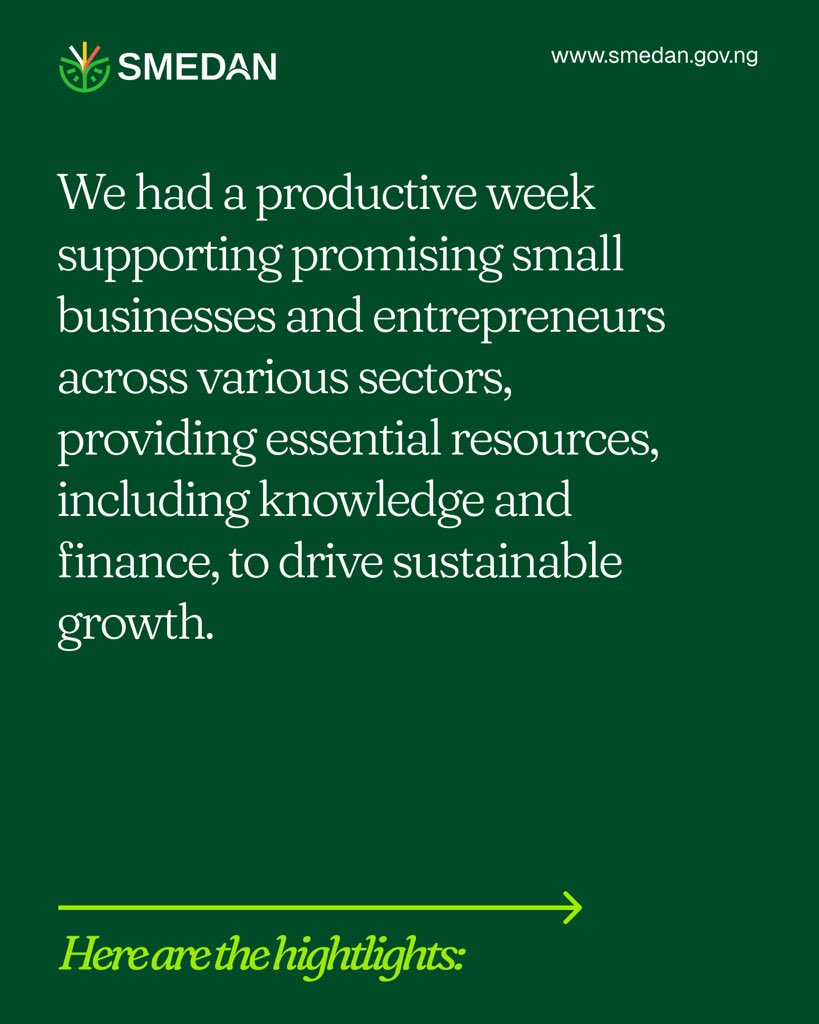 SMEDANGov's tweet image. We had a productive week supporting promising small businesses and entrepreneurs across various sectors, providing essential resources, including knowledge and finance, to drive sustainable growth.

#DirectorsCut
#MSMEProsperity
#GROWNigerian