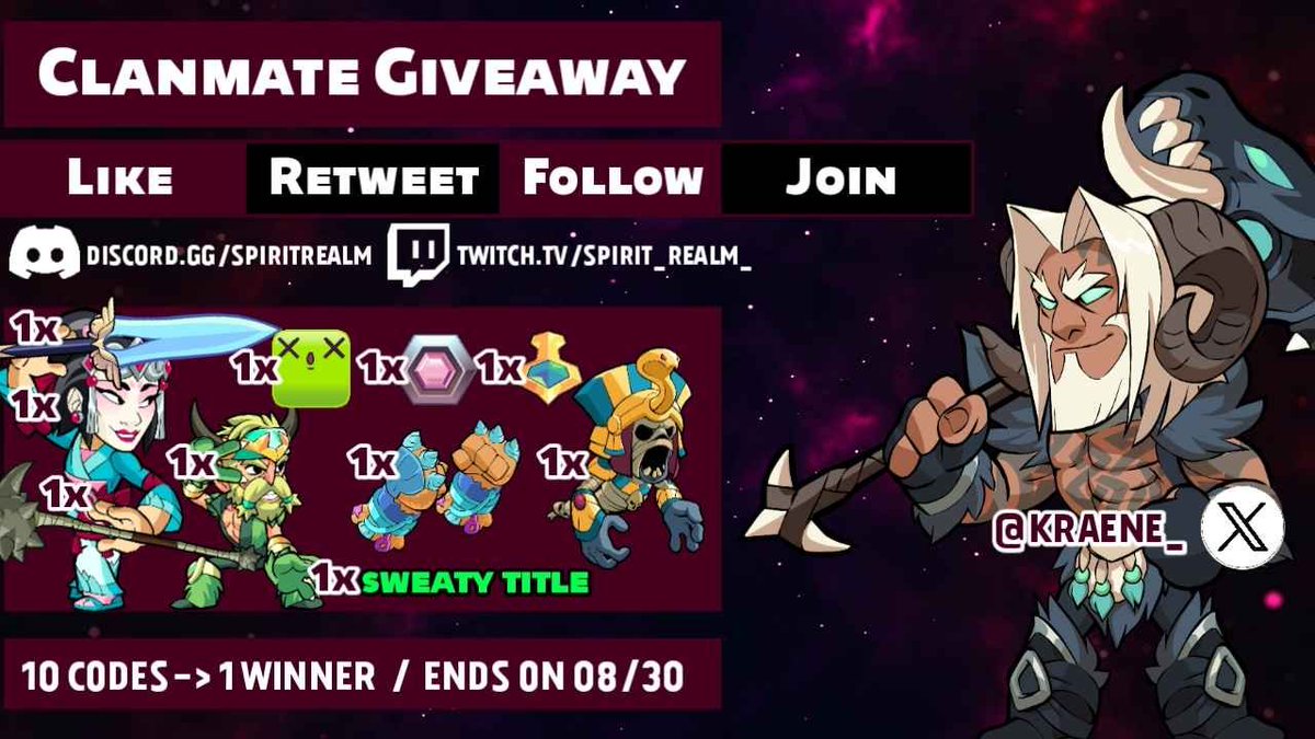 𝐒𝐩𝐢𝐫𝐢𝐭𝐑𝐞𝐚𝐥𝐦 𝐂𝐥𝐚𝐧𝐦𝐚𝐭𝐞 𝐆𝐢𝐯𝐞𝐚𝐰𝐚𝐲 
🎁Follow the instructions to enter!

-❤️&amp;♻️
-Follow <a href="/Kraene_/">Kræne</a> &amp; on twitch twitch.tv/spirit_realm_
-Join the server discord.com/invite/spiritr…

Ends on 08/30, GL 
#Brawlhalla #BrawlhallaGiveaway