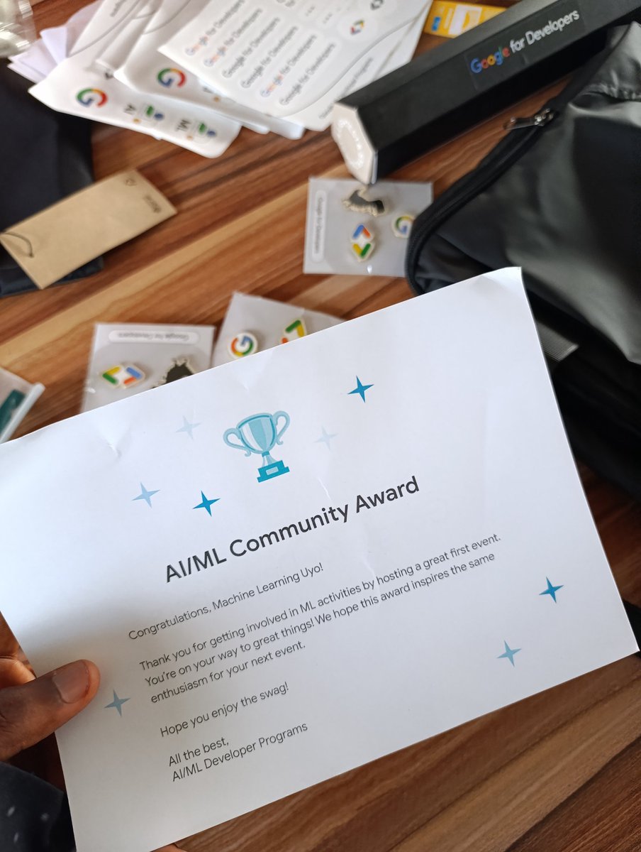 Victor_ML_AI's tweet image. Look what @googledevs ML Developer Programs sent to our community @TFUGUyo Uyo.
Super Grateful to Nari Yoon, @margaretmz @ksoonson and entire @GoogleAI / #ML Network. @ml_ecosystem
Indeed I was surprised to receive A surprise Award for our community.
#MachineLearninguyo #ai