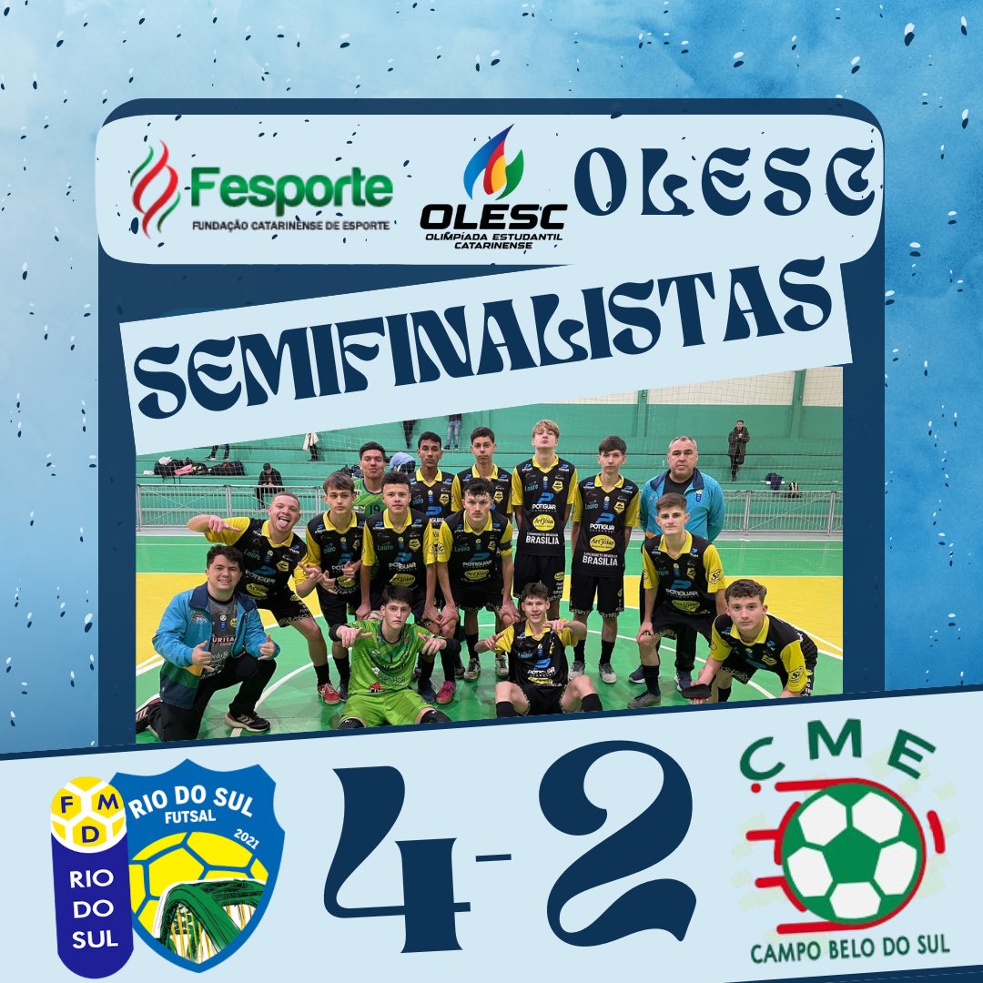fmd_rdsfsbase's tweet photo. SOMOS SEMIFINALISTAS DA OLESC 💪🏼🔥💛💙

Parabéns pela nossa equipe pela grande vitória contra a equipe da Campo Belo do Sul, pelo placar de 4x2!

Os gols da nossa equipe foram marcados por:

2 do @mat_wp 
1 do Cainan e do Ramon https://t.co/NyWVtnNzHV