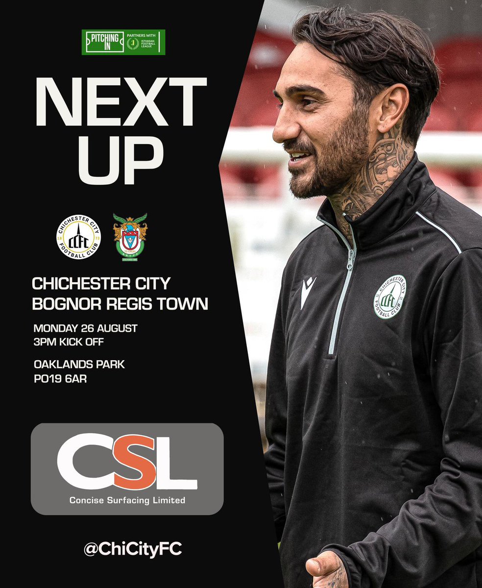 ChiCityFC's tweet photo. Tomorrow our First team face Bognor at Oakland’s park. 
Come down and spend your bank holiday with us. 
#UpTheChi 🤍🖤🤍🖤 https://t.co/FttzZVKwtk