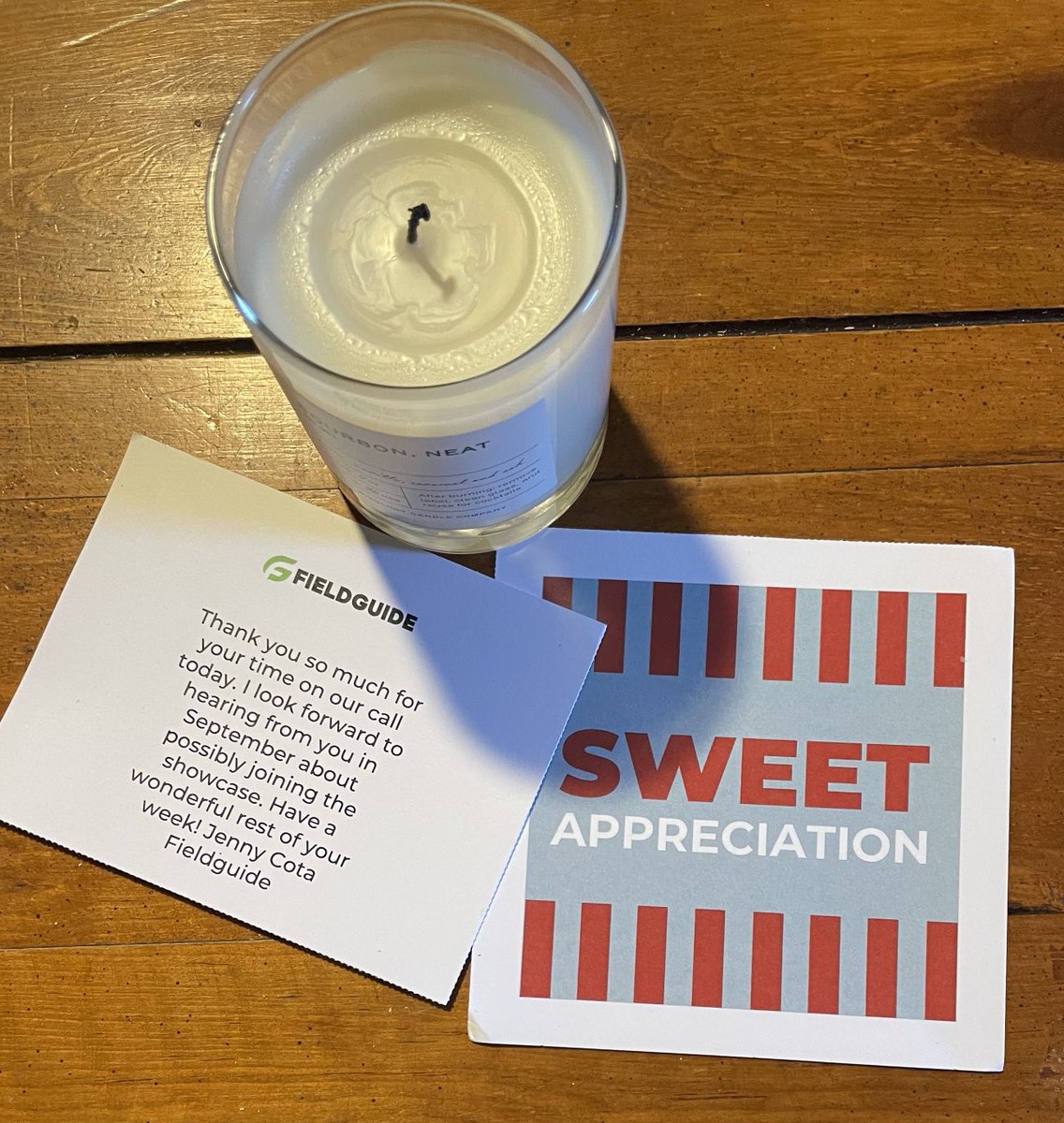 Thank you ⁦<a href="/fieldguide/">Fieldguide</a>⁩ team and ⁦<a href="/Sugarwishgirl/">Sugarwish</a>⁩ for the wonderful treat!  My candle scent is “Bourbon, Neat” yes I live in #WineCountry but I love that smell 🤷‍♀️