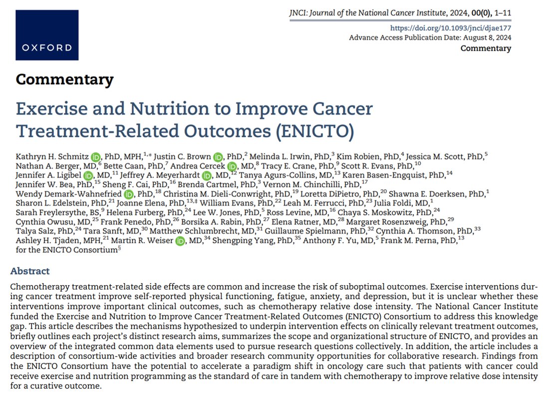 DFCI_BreastOnc's tweet photo. This new @JNCI_Now paper describes @theNCI Exercise and Nutrition to Improve Cancer Treatment-Related Outcomes (#ENICTO) Consortium, which is focused on exercise and nutrition interventions before or during chemotherapy. @ENICTO_Study #JenniferLigibel
👉https://t.co/ETqfiJIFrc https://t.co/NOchHNKYwb