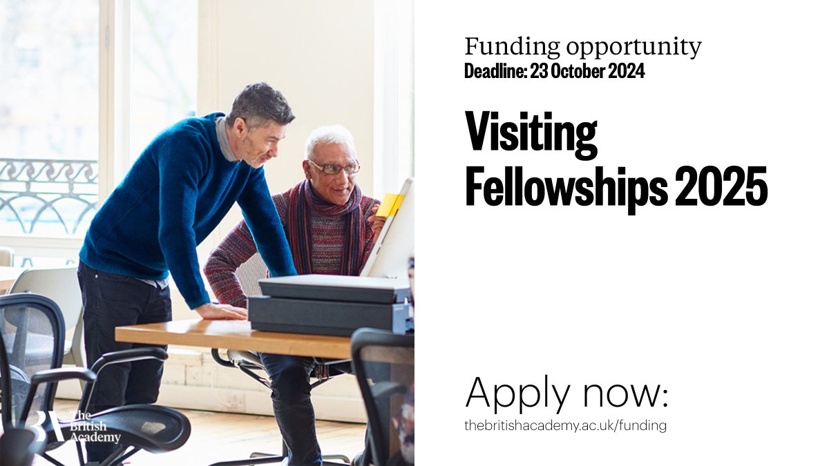 The British Academy (@britishacademy_) on Twitter photo We are still inviting applications from overseas researchers in the social sciences and humanities for the Visiting Fellowships 2025. Awards of up to £40,000 in value are available for international and collaborative research projects. Find out more: thebritishacademy.ac.uk/funding/visiti… We are still inviting applications from overseas researchers in the social sciences and humanities for the Visiting Fellowships 2025. Awards of up to £40,000 in value are available for international and collaborative research projects. Find out more: thebritishacademy.ac.uk/funding/visiti…