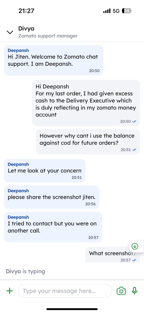 jitensaraogi's tweet photo. Executive (Deepansh) who kept on saying that he does not know the reason &amp; cant do anything about it…escalation resulted in another 10 minutes call with Divya (Manager) again with no result &amp; I had ask them to cancel the order since the salad was stale by now https://t.co/CM24VIgikP
