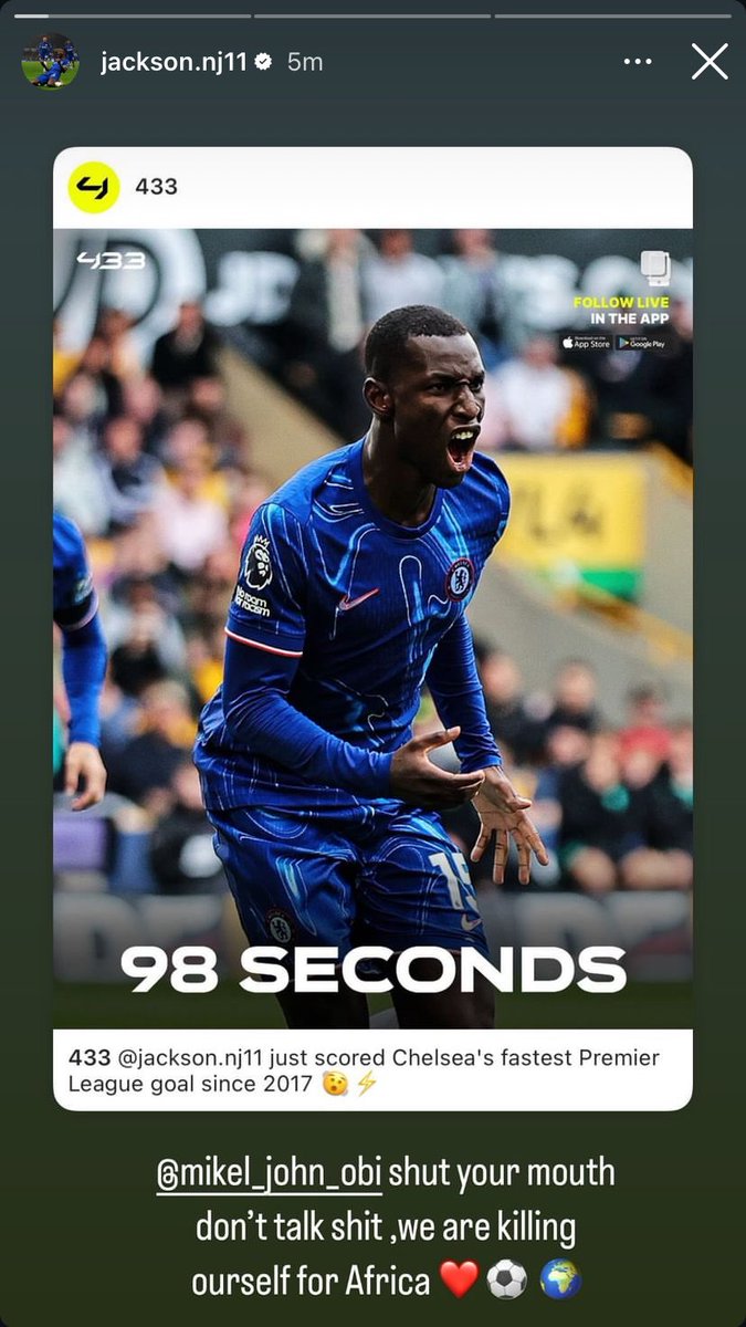 Nicolas Jackson on Instagram. Follows Mikel criticising #CFC after the Man City loss last weekend.