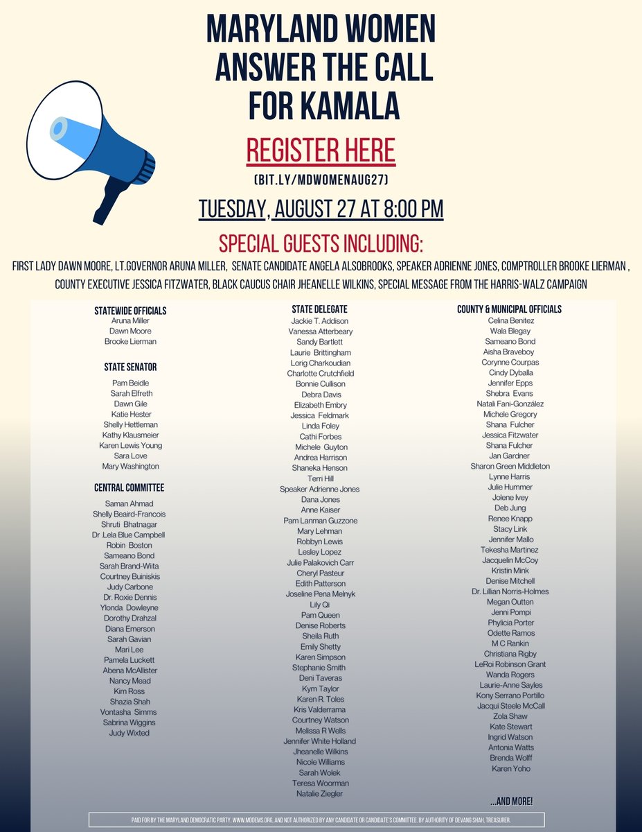 Katie Fry Hester (@katiefryhester) on Twitter photo MD women supporting <a href="/KamalaHarris/">Kamala Harris</a> please join us Aug 27th!! Over 100 special guests confirmed including <a href="/AlsobrooksForMD/">Angela Alsobrooks</a> <a href="/SpeakerAJones/">Speaker Adrienne A. Jones</a> <a href="/BrookeELierman/">Brooke Lierman</a> <a href="/courtneywatson1/">Courtney Watson</a> <a href="/nataliefor9A/">Natalie Ziegler for District 9A</a> & many more!! Register here:
us02web.zoom.us/meeting/regist… MD women supporting <a href="/KamalaHarris/">Kamala Harris</a> please join us Aug 27th!! Over 100 special guests confirmed including <a href="/AlsobrooksForMD/">Angela Alsobrooks</a> <a href="/SpeakerAJones/">Speaker Adrienne A. Jones</a> <a href="/BrookeELierman/">Brooke Lierman</a> <a href="/courtneywatson1/">Courtney Watson</a> <a href="/nataliefor9A/">Natalie Ziegler for District 9A</a> & many more!! Register here:
us02web.zoom.us/meeting/regist…