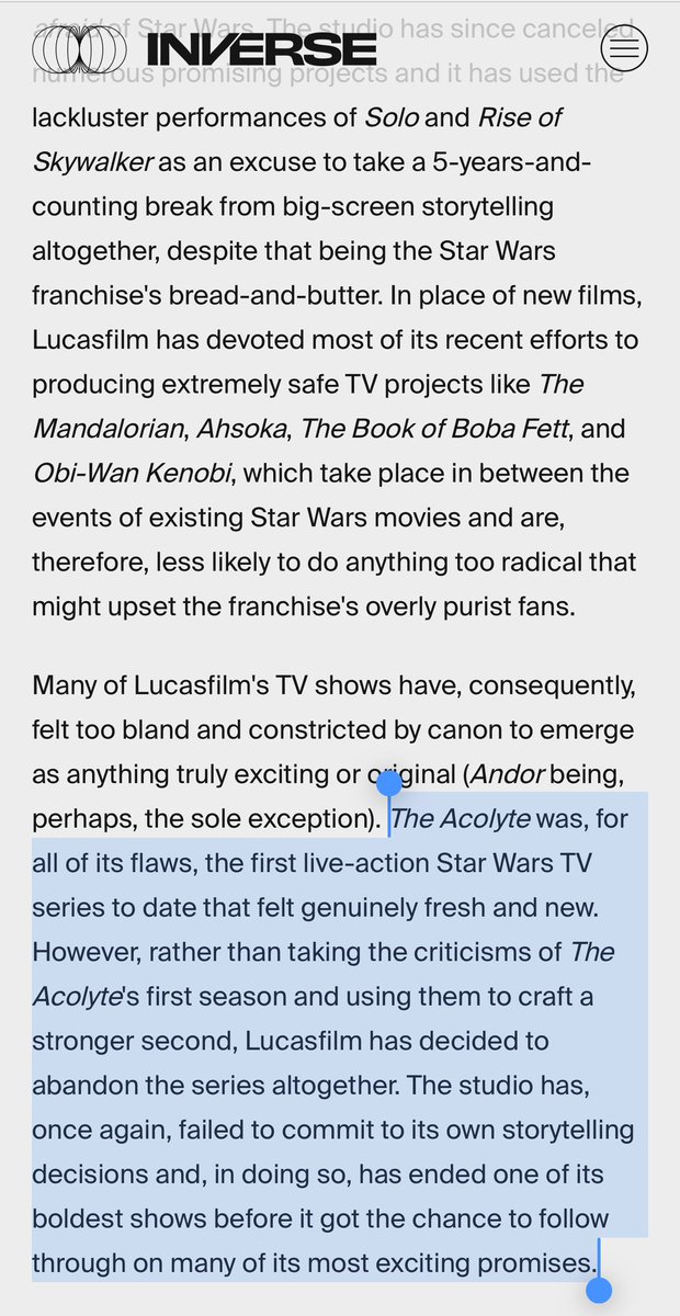 actual_Alyssa's tweet photo. You drag ‘em, Inverse! Cancelling The Acolyte when it was heading into a story unexplored before ~the dark side~ with a corruption arc that is tantalizing as it is intriguing, is Disney/Lucasfilm biggest blunder. One that still can be reversed! #SaveTheAcolyte #RenewTheAcolyte https://t.co/9uazXktMEJ